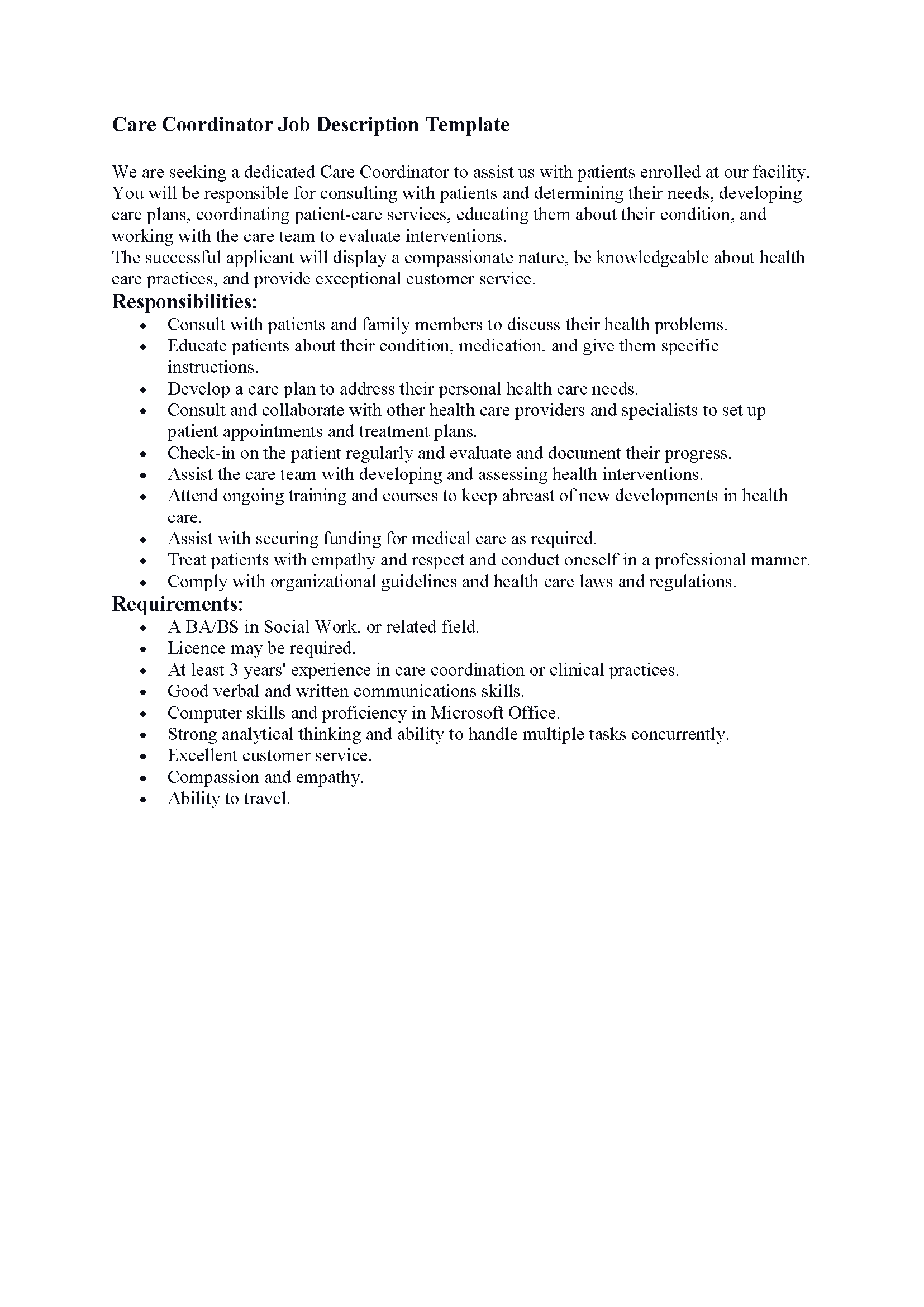 Care Coordinator Job Description Template